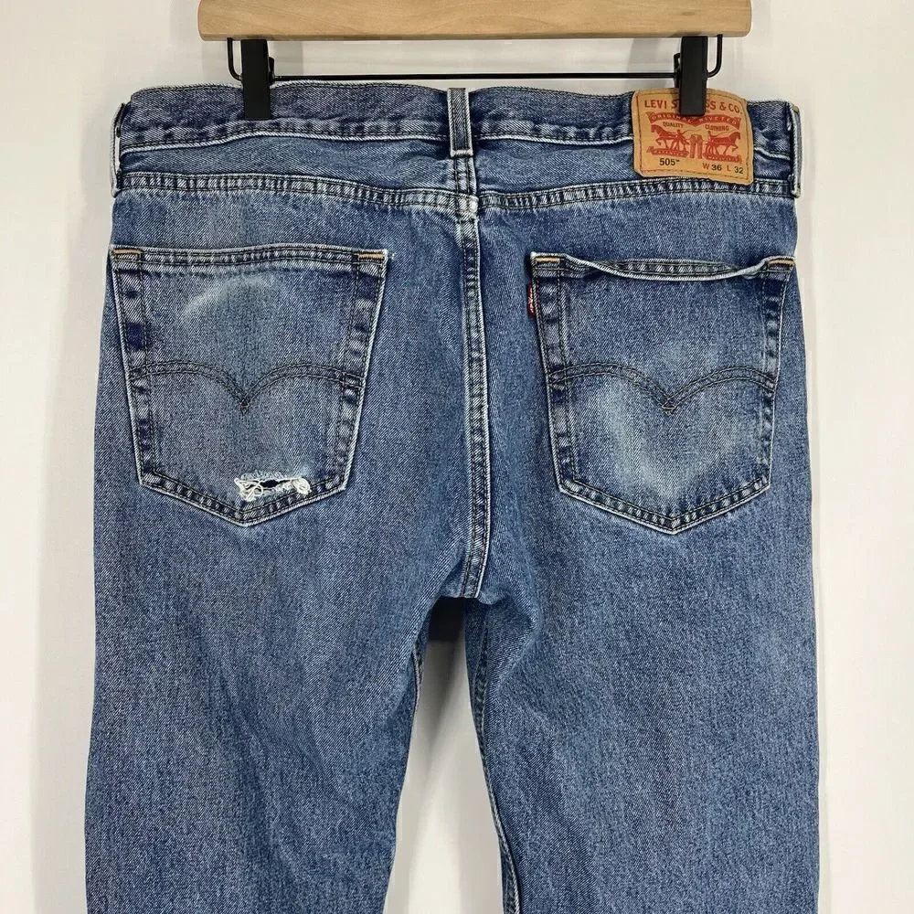 Levis 505 Jeans 36x32 Mens Faded Blue Distressed Denim Straight Leg Cotton